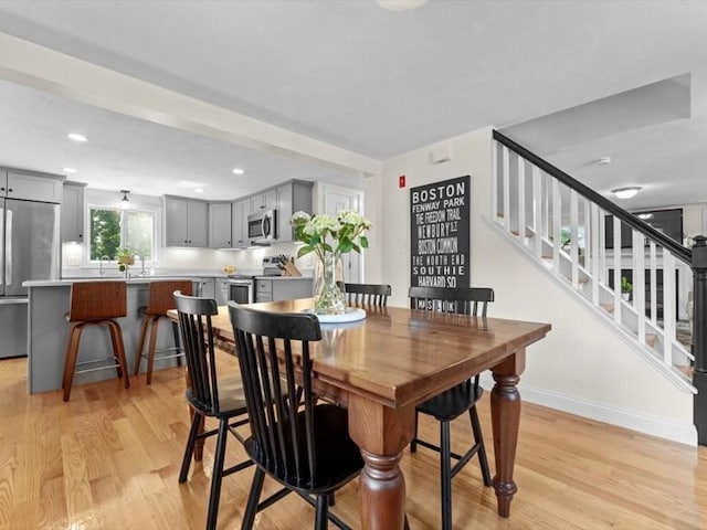 17 Clifton Ave, Scituate, MA 02066 - dining area featuring light wood finished floors, stairway, and recessed lighting