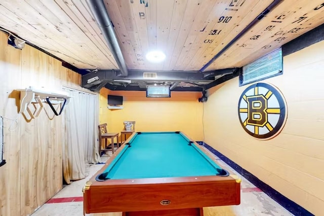 recreation room with wooden walls, wood ceiling, and billiards