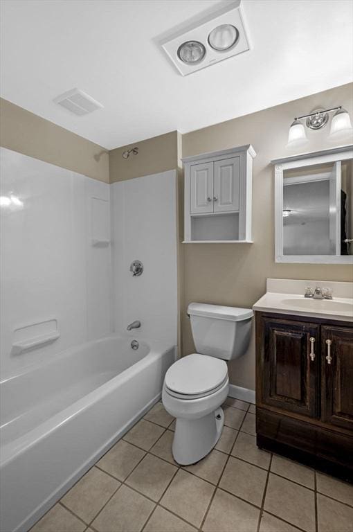 full bath with vanity, washtub / shower combination, visible vents, tile patterned flooring, and toilet