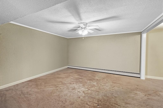 empty room featuring a textured ceiling, carpet, crown molding, a baseboard radiator, and ceiling fan