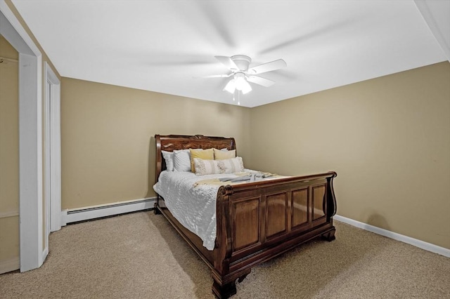 bedroom featuring a baseboard radiator, baseboards, light colored carpet, and a ceiling fan