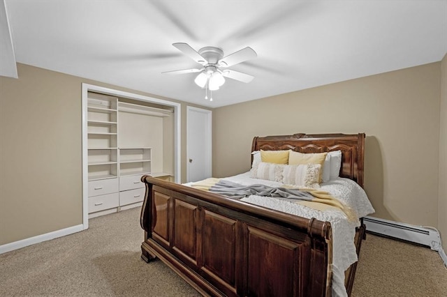 bedroom featuring light carpet, a ceiling fan, and baseboards