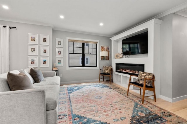 103 Warwick Rd Unit 103, Newton, MA 02465 - living area featuring ornamental molding, a glass covered fireplace, recessed lighting, and wood finished floors
