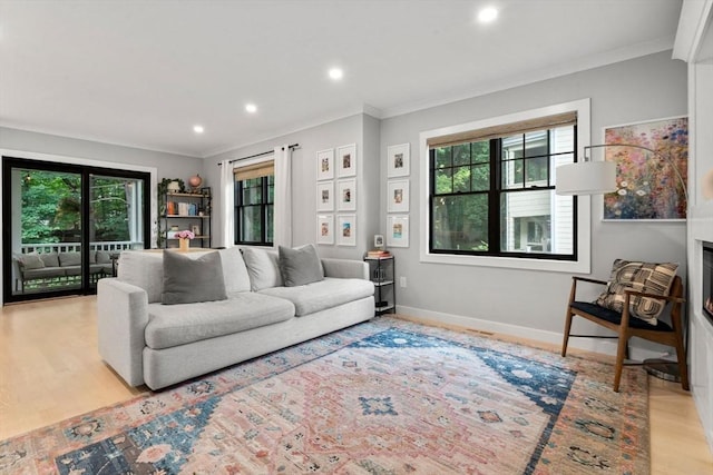 103 Warwick Rd Unit 103, Newton, MA 02465 - living area featuring plenty of natural light, ornamental molding, recessed lighting, and light wood-style floors