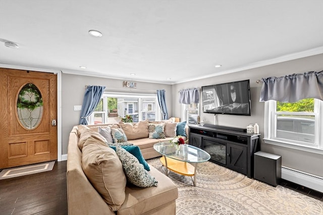 33 Cross St, Weymouth, MA 02189 - living area with dark wood-type flooring, recessed lighting, crown molding, baseboards, and a baseboard heating unit