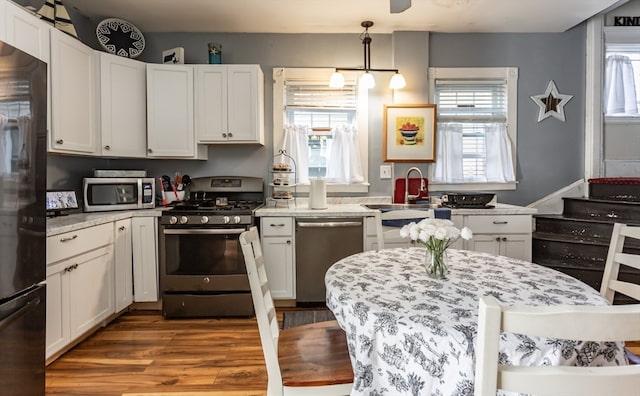 kitchen featuring stainless steel appliances, decorative light fixtures, hardwood / wood-style flooring, and a healthy amount of sunlight