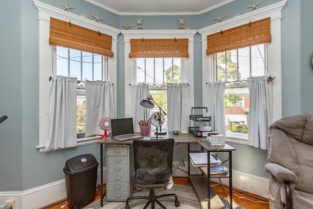 office space with crown molding, wood-type flooring, and a wealth of natural light