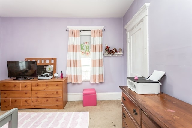 bedroom with light carpet