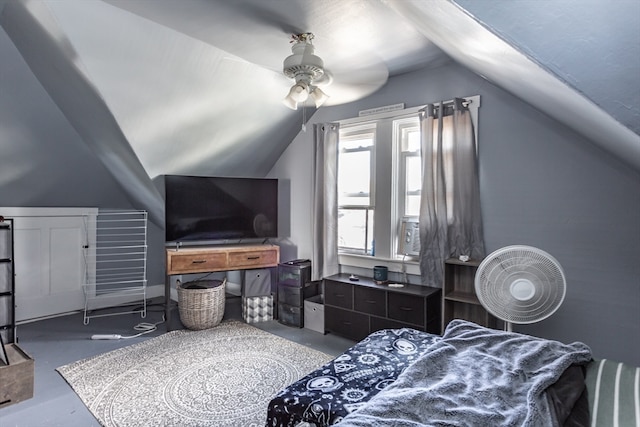 bedroom with lofted ceiling and ceiling fan