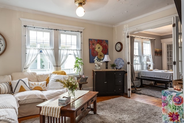 interior space with ceiling fan, crown molding, hardwood / wood-style floors, and a healthy amount of sunlight