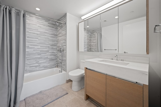 100 Lovejoy Wharf Unit 6J, Boston, MA 02114 - bathroom with toilet, shower / bathtub combination with curtain, vanity, tile patterned floors, and recessed lighting