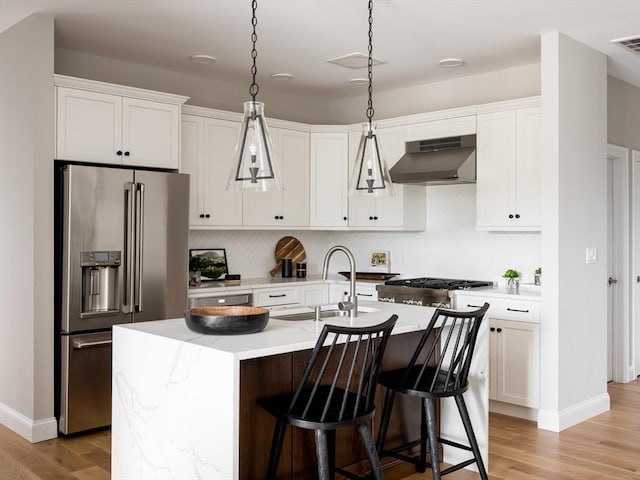 kitchen with appliances with stainless steel finishes, sink, a center island with sink, and white cabinets