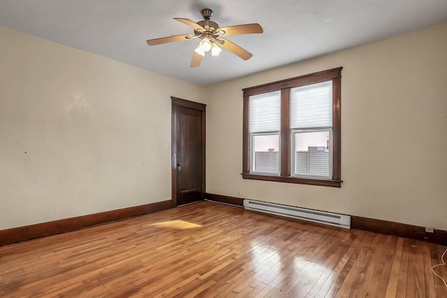 empty room featuring light hardwood / wood-style flooring, ceiling fan, and baseboard heating