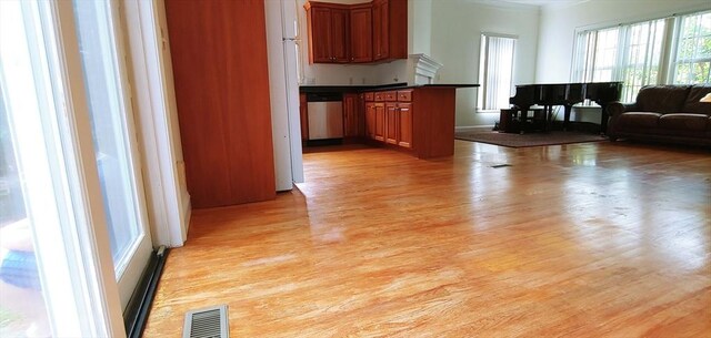 97-99 N St Unit 97, Newton, MA 02460 - kitchen with stainless steel dishwasher, dark countertops, light wood-type flooring, freestanding refrigerator, and brown cabinetry