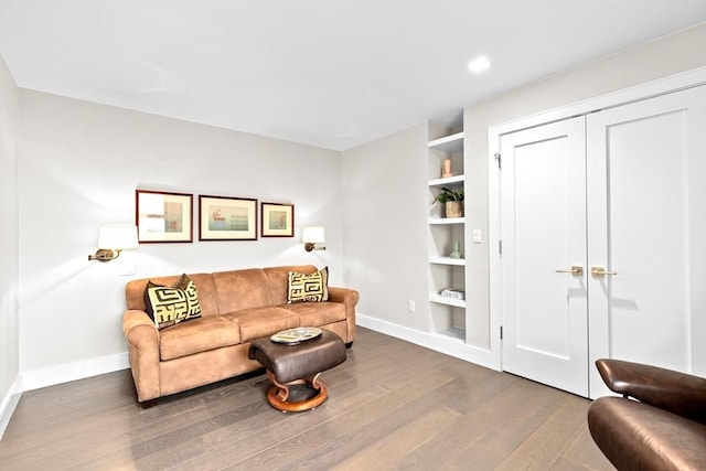 50 Longwood Ave Unit 1016/1017, Brookline, MA 02446 - living room featuring baseboards, wood finished floors, built in features, and recessed lighting