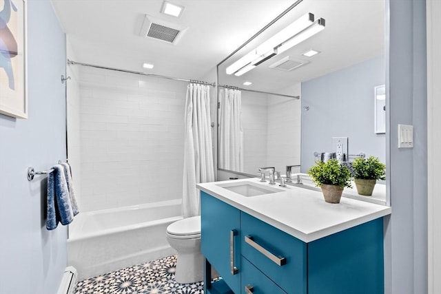 50 Longwood Ave Unit 1016/1017, Brookline, MA 02446 - full bathroom with toilet, shower / tub combo with curtain, vanity, and a baseboard heating unit