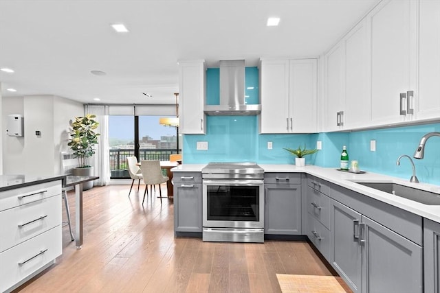 50 Longwood Ave Unit 1016/1017, Brookline, MA 02446 - kitchen with electric stove, range hood, gray cabinets, a sink, and light wood-style floors