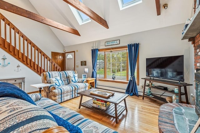 22 Woodside Dr, Falmouth, MA 02536 - living area with a skylight, high vaulted ceiling, stairs, beamed ceiling, and wood-type flooring