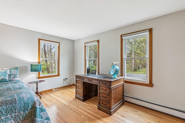 22 Woodside Dr, Falmouth, MA 02536 - bedroom featuring a baseboard heating unit, light wood-style floors, and baseboards