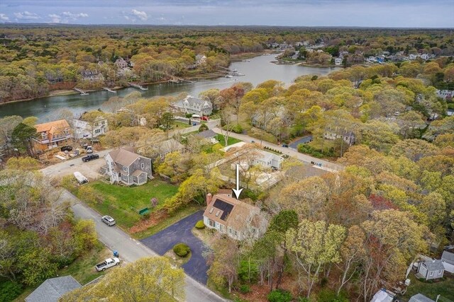 22 Woodside Dr, Falmouth, MA 02536 - aerial overview of property's location featuring a nearby body of water and a heavily wooded area