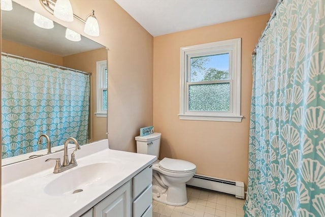 22 Woodside Dr, Falmouth, MA 02536 - bathroom with a baseboard heating unit, toilet, tile patterned floors, vanity, and a shower with shower curtain