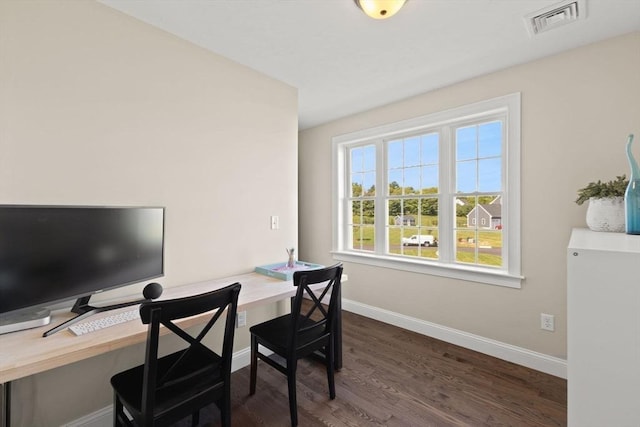 office with baseboards and dark wood finished floors