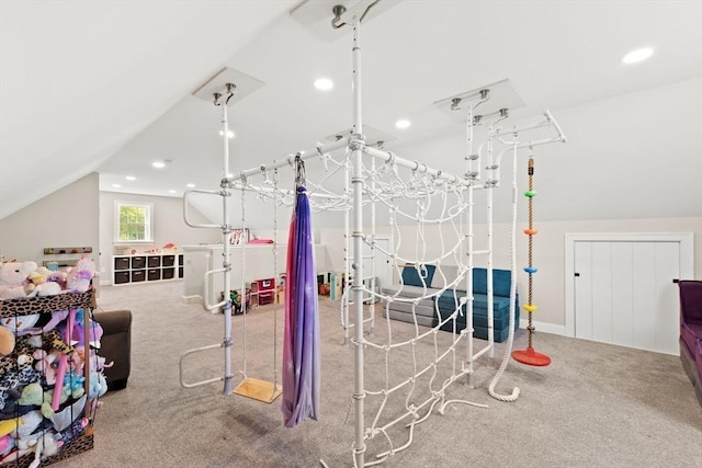 rec room featuring carpet flooring, vaulted ceiling, and recessed lighting