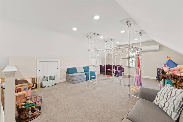 playroom with lofted ceiling, carpet floors, baseboards, recessed lighting, and a wall mounted AC