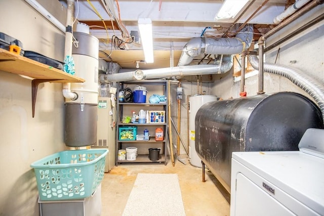 unfinished basement with water heater and washer / clothes dryer