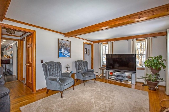 living room with beamed ceiling, crown molding, hardwood / wood-style floors, and baseboard heating