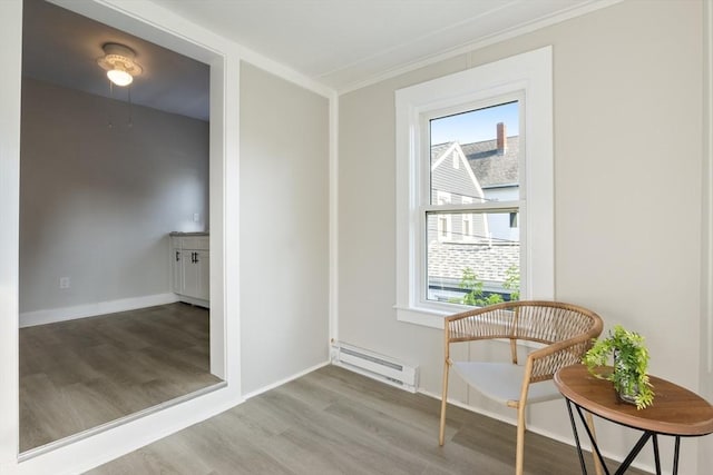 282 Palmer St, New Bedford, MA 02740 - sitting room featuring a baseboard radiator, wood finished floors, plenty of natural light, crown molding, and baseboards