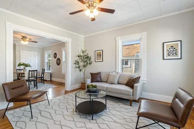 282 Palmer St, New Bedford, MA 02740 - living room with ceiling fan, wood finished floors, ornamental molding, and baseboards