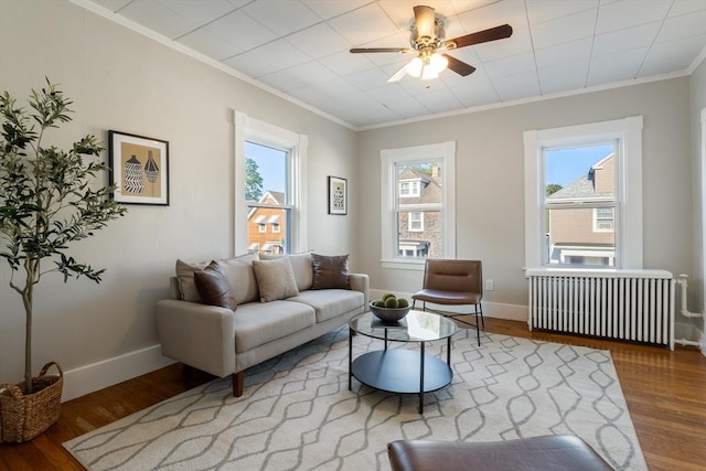 282 Palmer St, New Bedford, MA 02740 - living area featuring radiator heating unit, ornamental molding, wood finished floors, a ceiling fan, and baseboards
