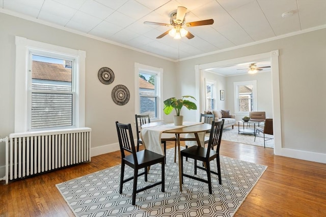 282 Palmer St, New Bedford, MA 02740 - dining area featuring radiator heating unit, a ceiling fan, wood finished floors, and crown molding