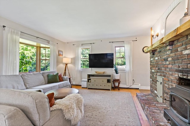 31 Blanding Rd, Rehoboth, MA 02769 - living room featuring a wood stove, light wood finished floors, and baseboard heating