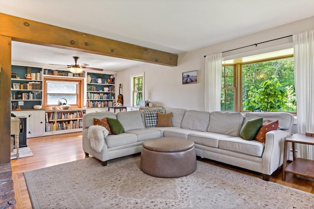 31 Blanding Rd, Rehoboth, MA 02769 - living room featuring a ceiling fan, wood finished floors, and beamed ceiling