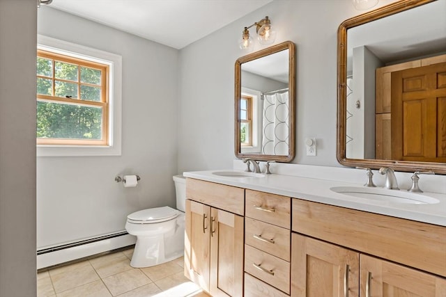 31 Blanding Rd, Rehoboth, MA 02769 - bathroom featuring a baseboard heating unit, tile patterned flooring, double vanity, and toilet