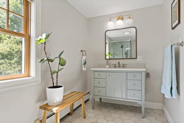 31 Blanding Rd, Rehoboth, MA 02769 - bathroom featuring vanity, a shower with door, tile patterned flooring, and baseboards