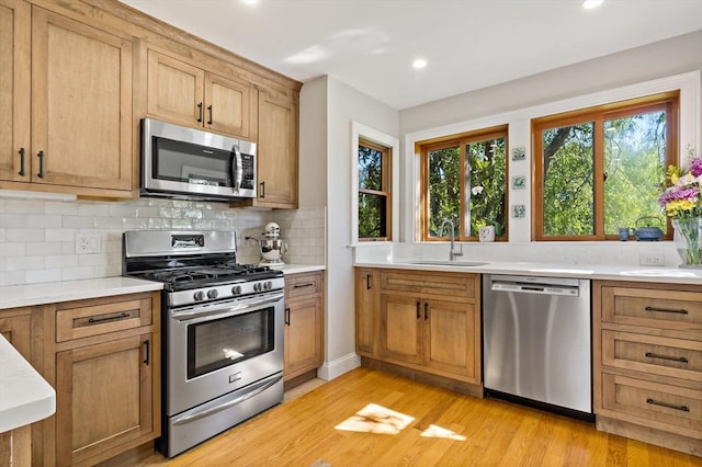 31 Blanding Rd, Rehoboth, MA 02769 - kitchen featuring appliances with stainless steel finishes, a sink, light countertops, backsplash, and light wood-style flooring