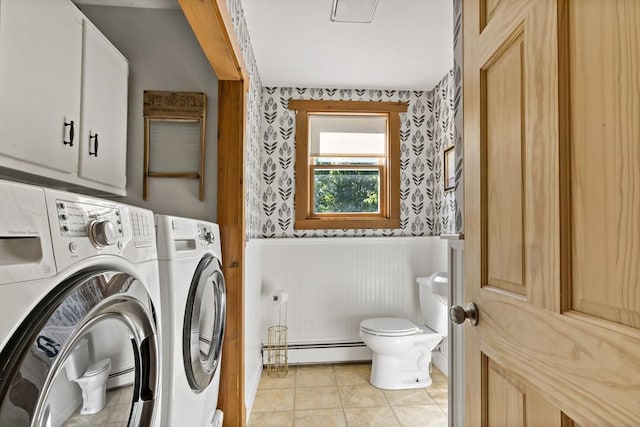 31 Blanding Rd, Rehoboth, MA 02769 - laundry room with washing machine and dryer, baseboard heating, wainscoting, wallpapered walls, and light tile patterned flooring