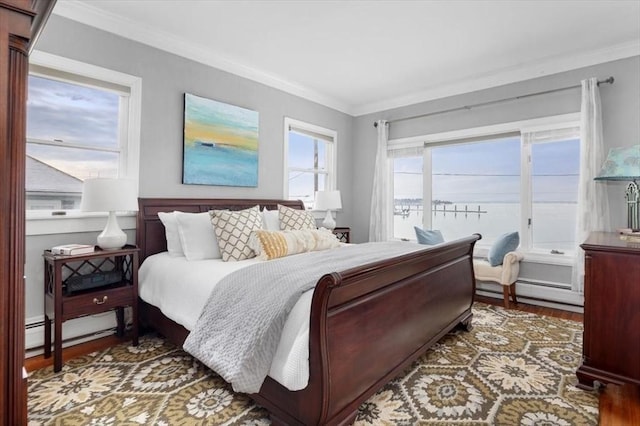 bedroom with dark hardwood / wood-style floors, a baseboard radiator, and crown molding