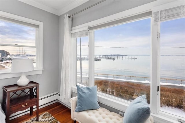 interior space with a water view, wood-type flooring, a baseboard radiator, and ornamental molding