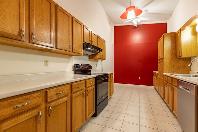 kitchen with light tile patterned floors, sink, black / electric stove, stainless steel dishwasher, and ceiling fan