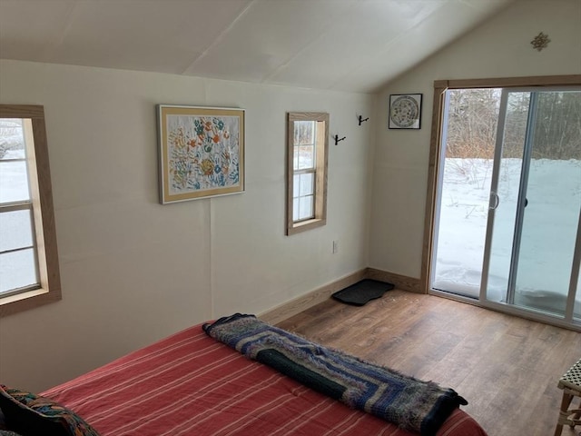 bedroom featuring vaulted ceiling, multiple windows, wood finished floors, and access to exterior