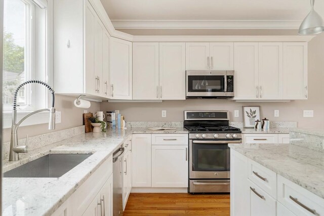 31 Neponset Ave, Boston, MA 02131 - kitchen with stainless steel appliances, ornamental molding, white cabinets, light wood-style flooring, and light stone countertops