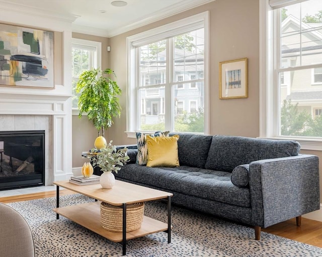 31 Neponset Ave, Boston, MA 02131 - living area featuring light wood-style floors, ornamental molding, and a tiled fireplace