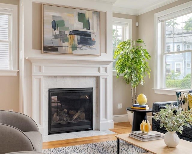 31 Neponset Ave, Boston, MA 02131 - living area featuring light wood-type flooring, crown molding, and a tiled fireplace