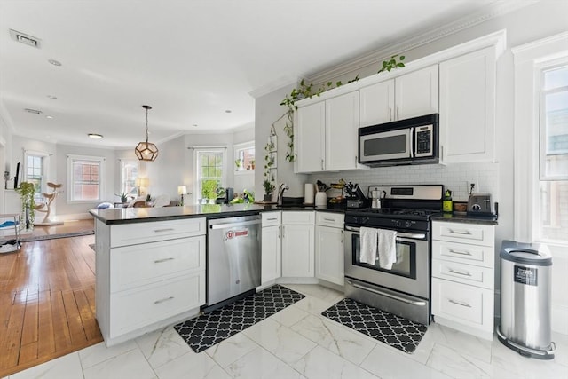 kitchen with dark countertops, stainless steel appliances, a peninsula, and a wealth of natural light