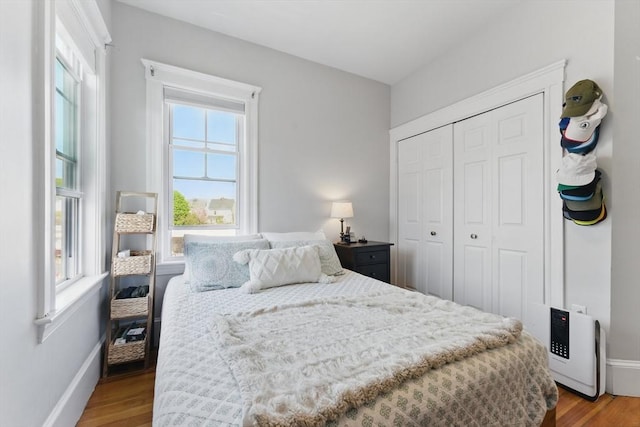 bedroom featuring baseboards, multiple windows, and wood finished floors