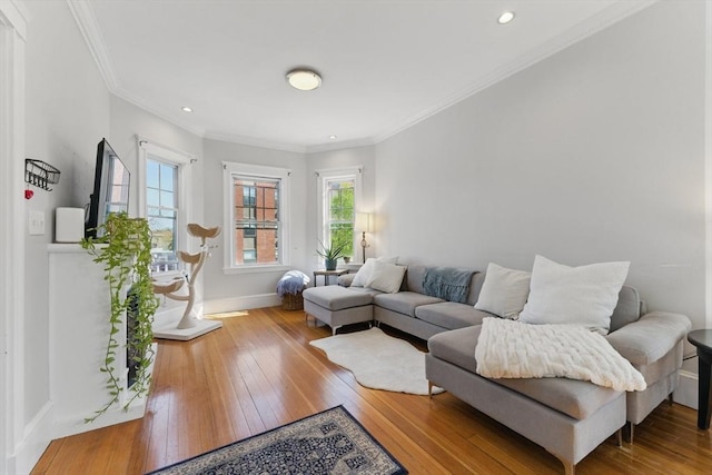 living room with baseboards, ornamental molding, and hardwood / wood-style flooring